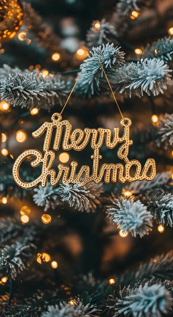 Golden Merry Christmas Ornament on Frosted Tree