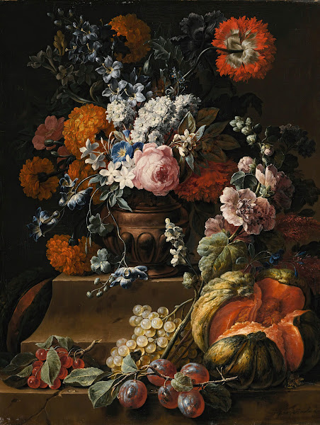Still Life With Hollyhock Carnations And Various Flowers In A Vase On A Plinth W