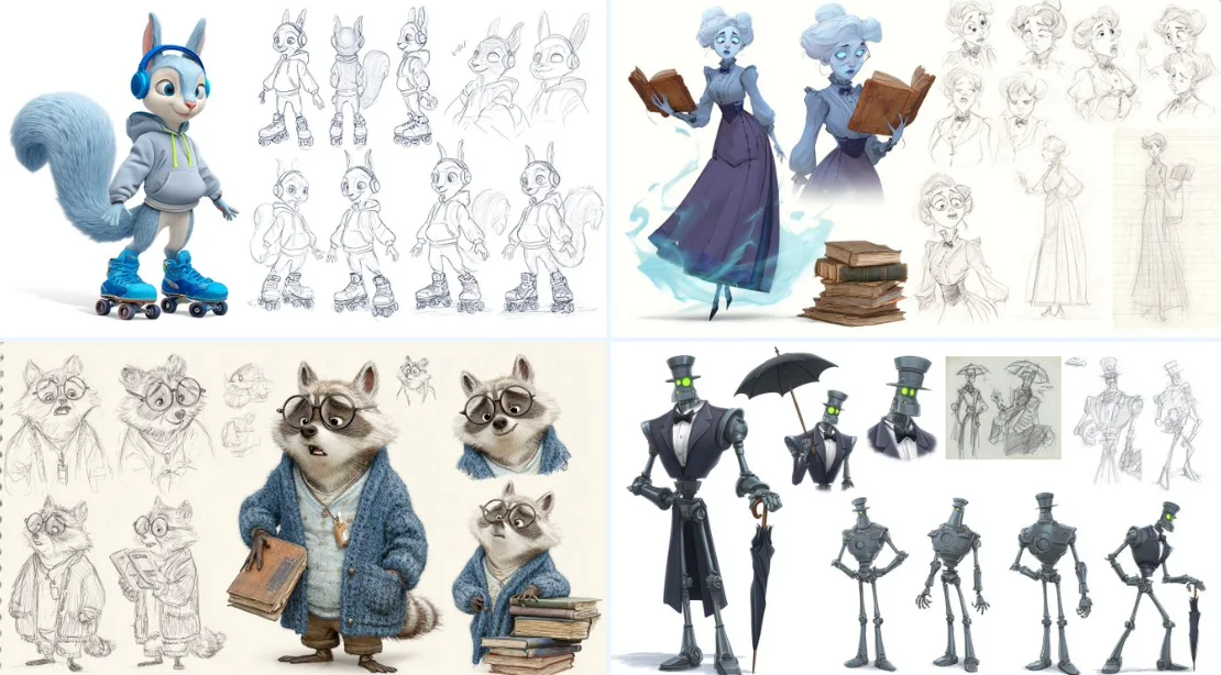 Ficha de personaje al estilo Pixar con múltiples poses y expresiones.