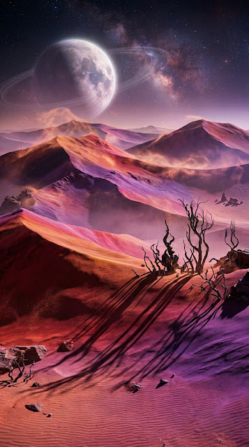 Surreal Alien Desert with Multi-Colored Dunes and Giant Moon - Free mobile Wallpaper