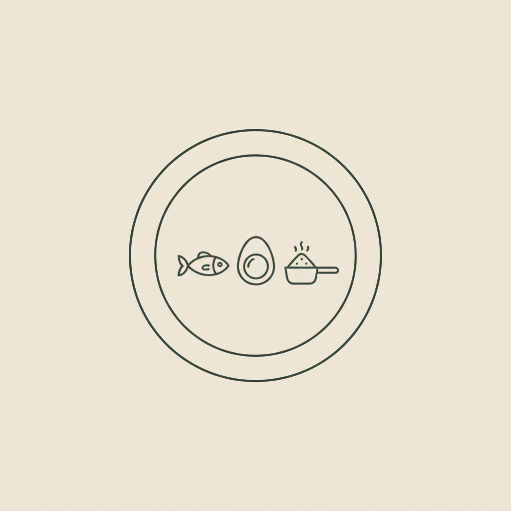 Minimal Tonum-style vector illustration of a plate with a fish, an egg, and a protein powder scoop on beige background, representing highest protein per calorie foods.