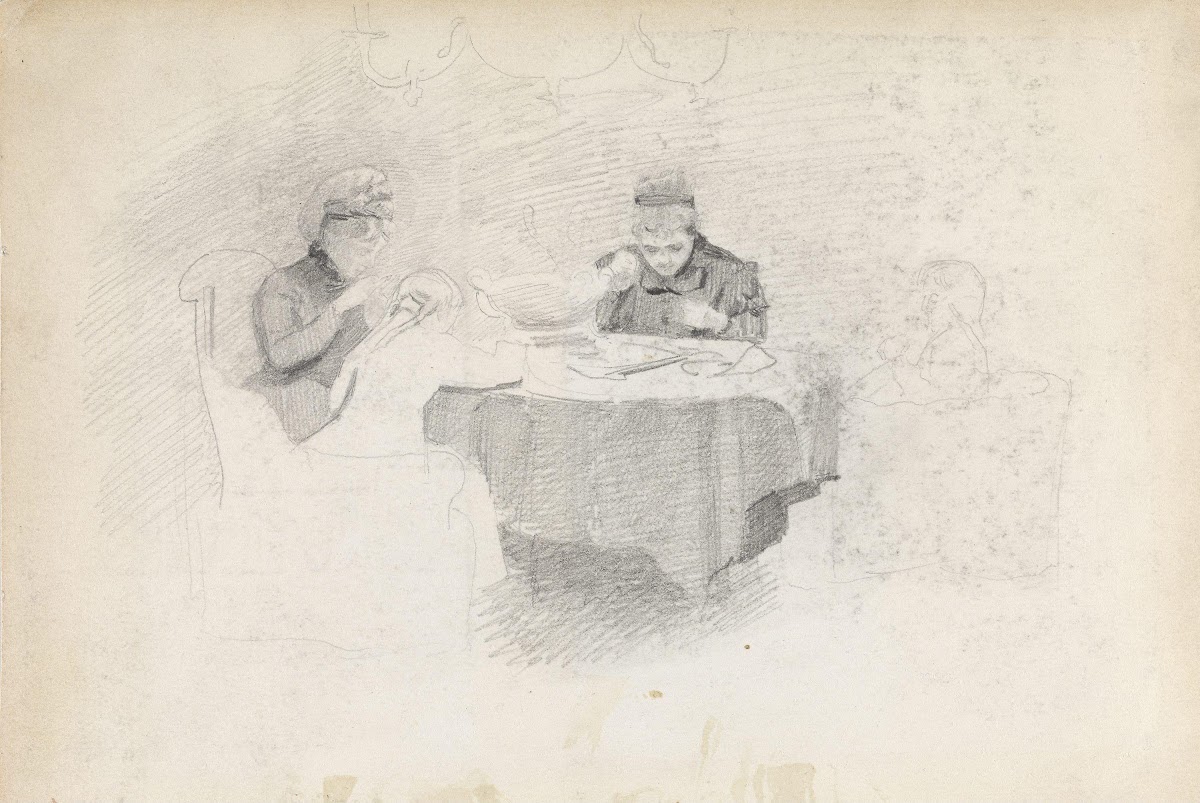 Fire figurer rundt et bord before 1890