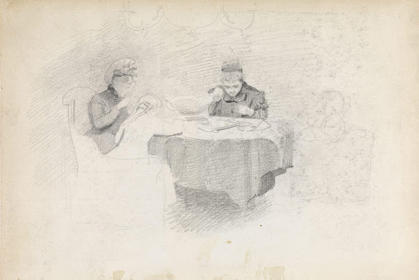 Fire figurer rundt et bord before 1890