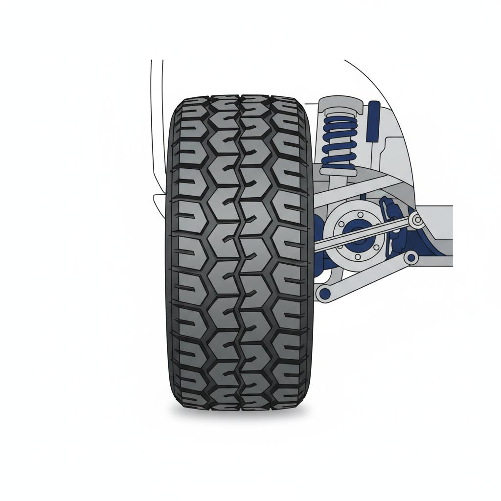 Minimalist vector close up of all terrain tire and suspension showing tread and underbody condition rav 4 for sale in CarFax Deals color palette