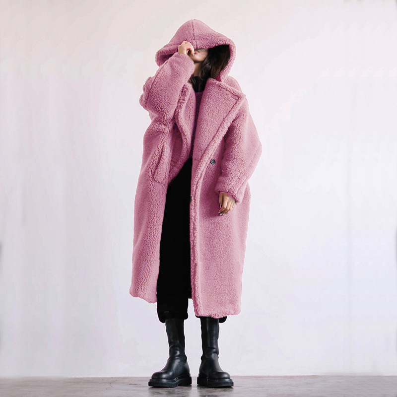 Women's Faux Fur Coat, Mid-Length, with Hood and Sheepskin Look