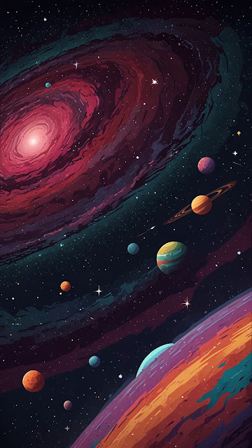 Cartoon Galaxy Planets Cosmic Space Illustration - Free mobile Wallpaper