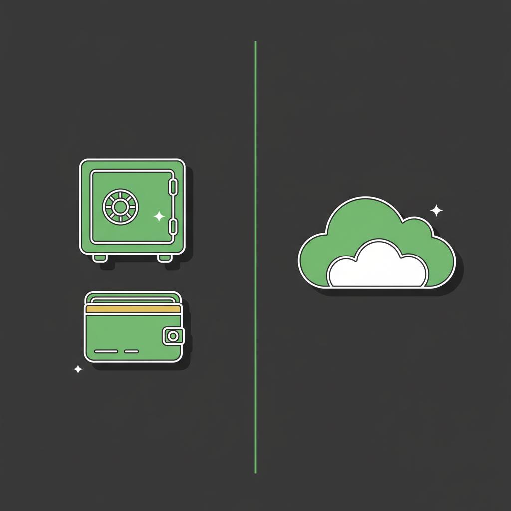 Minimalist 2D vector showing on chain custody cold storage safe and off chain cloud custodial service in Finance Police brand colors, best app to buy crypto