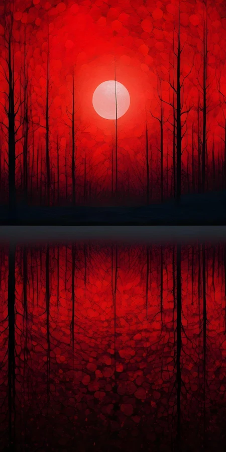 Red Forest Scene, Blood Moon Art, Gothic Landscape, Abstract Forest Illustration Full HD iPhone Phone Wallpaper