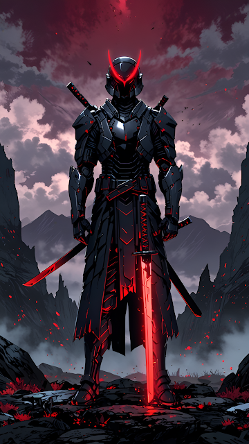 Samurai Warrior in Red-Glowing Armor with Katana - Free mobile Wallpaper