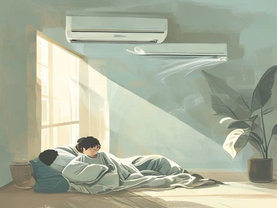 차가운 에어컨 바람 앞에서 담요를 두르고 추워하는 사람의 모습. 냉방병으로 인한 불편함을 보여줍니다.