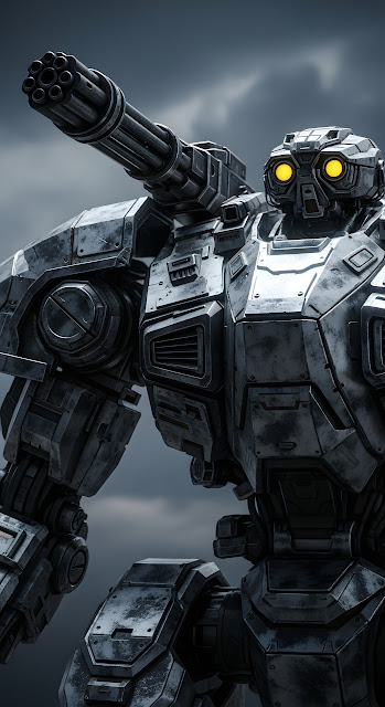 Hyper-Detailed 3D Render of a Gritty Combat Robot with Shoulder-Mounted Weapon - Free mobile Wallpaper
