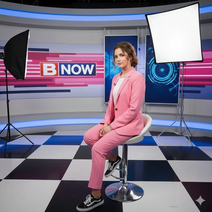 Joven occidental en una escena de un estudio de noticias profesional.