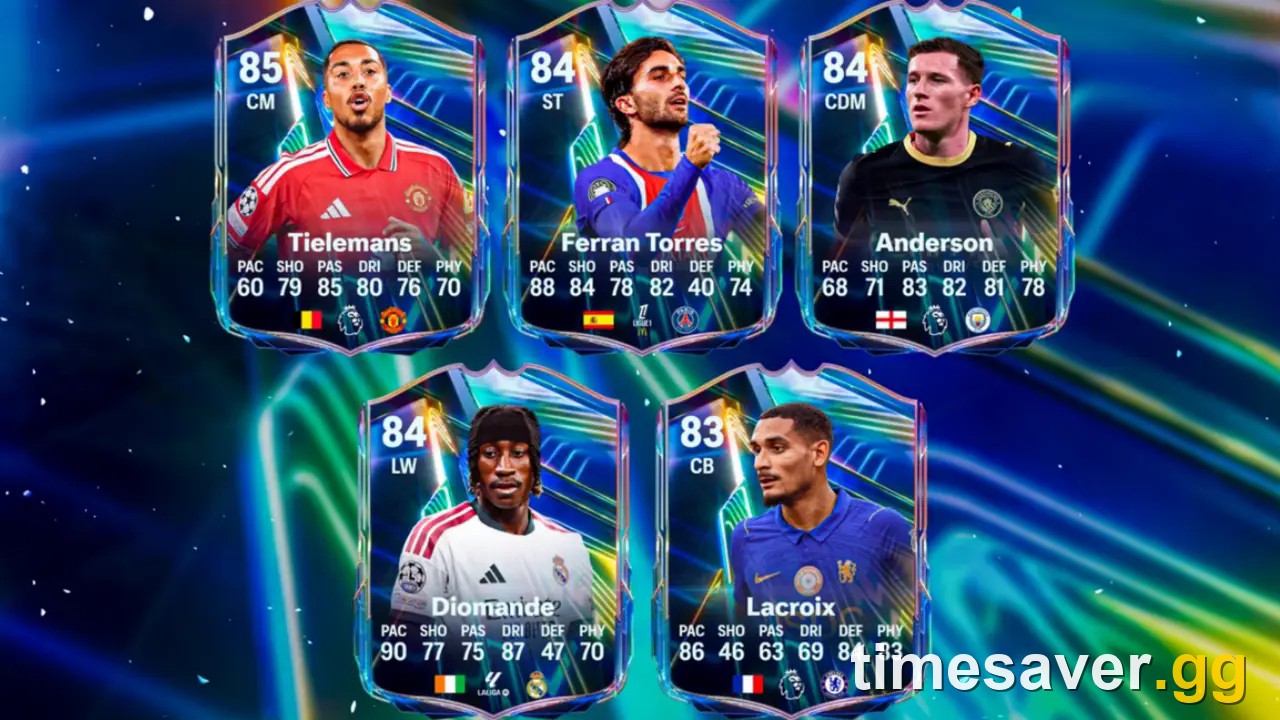 FC 27 Ones to Watch player cards — Diomandé (84 LW), Tielemans (85 CM), Ferran Torres (84 ST), Anderson (84 CDM) and Lacroix (83 CB) from the Season 1: Ones to Watch promo