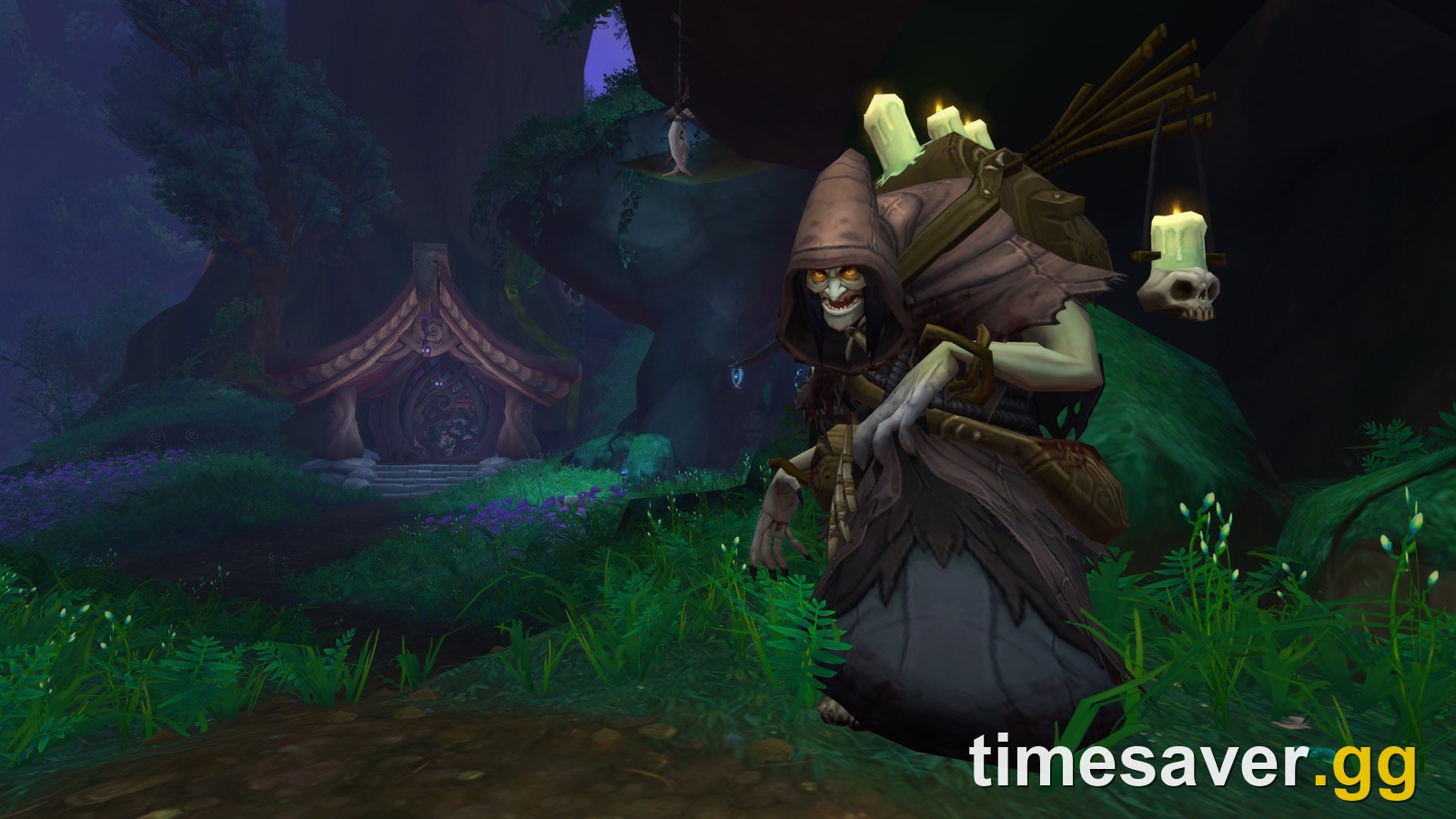 Official Talebound demo screenshot: a hooded, candle-laden figure in a dark forest