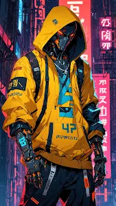Neon Cyberpunk Android in Yellow Hoodie and Tactical Gear