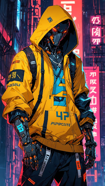 Neon Cyberpunk Android in Yellow Hoodie and Tactical Gear - Free mobile Wallpaper