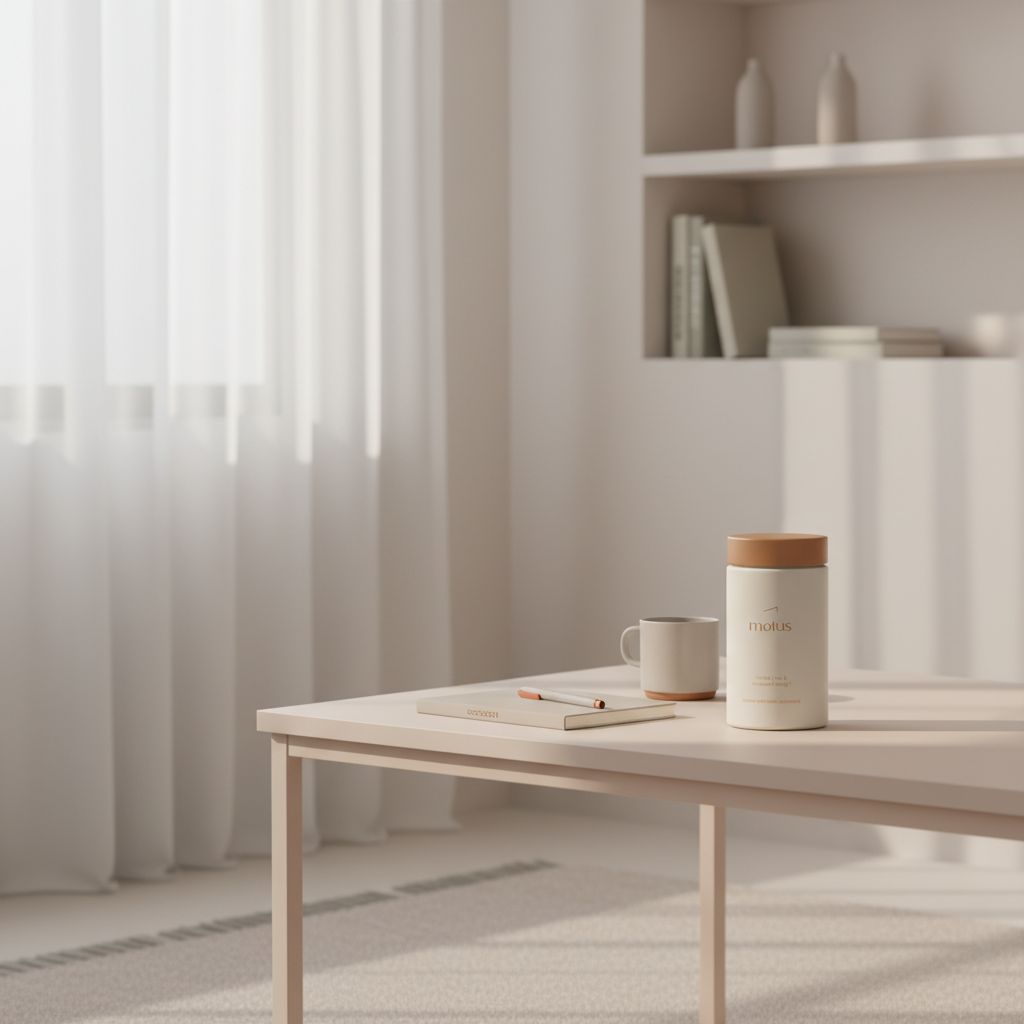 Minimalist desk scene with Tonum Motus supplement jar beside a notebook and neutral mug in soft light, bookshelf and folded rug visible — image for 7 dimensions of holistic wellness