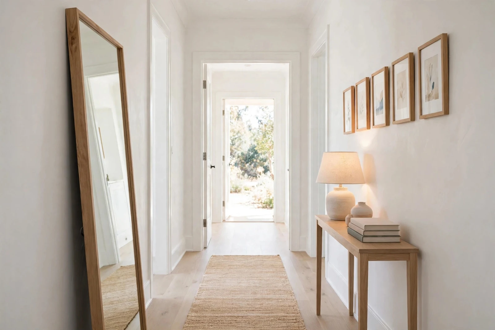 Bright narrow hallway with mirror, runner rug, and framed art