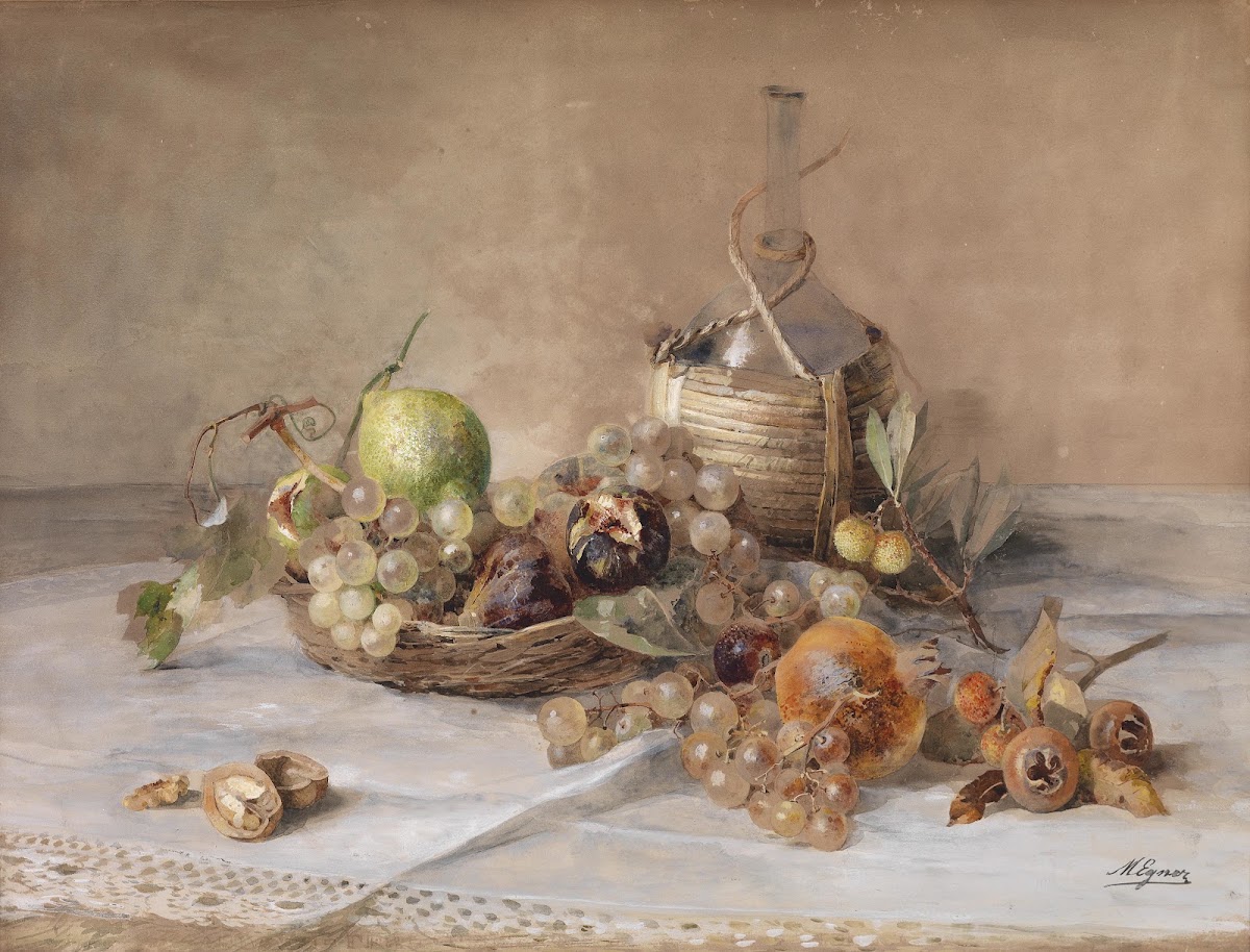 Stilleben mit Obst und Chiantiflasche