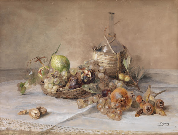 Stilleben mit Obst und Chiantiflasche