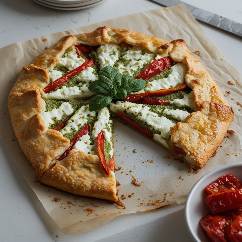 Easy Rustic Goat Cheese Galette with Roasted Red Peppers and Pesto