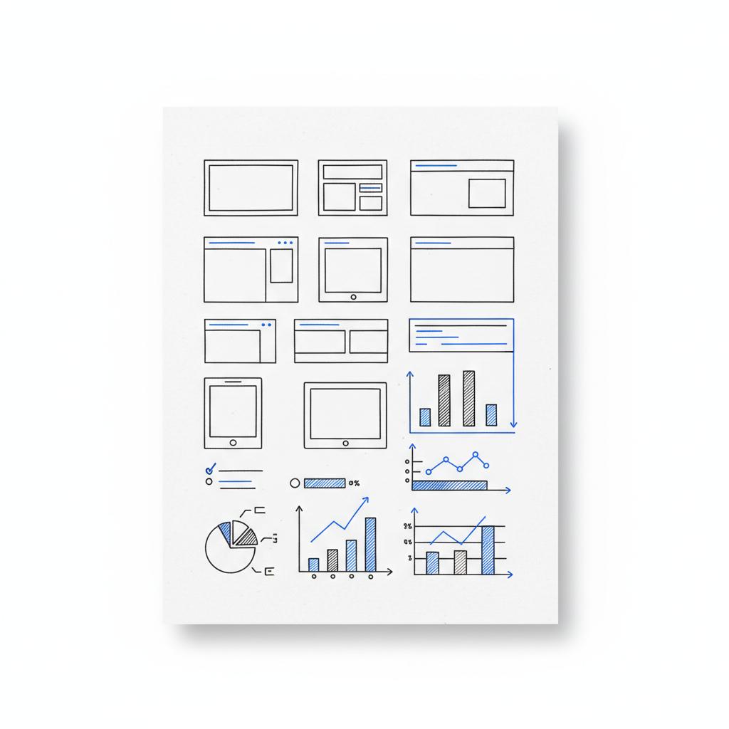 Hand-drawn vector mockups of ad placements, viewability graphs and scroll depth on a white notebook-style page for make $100 a day with Google AdSense