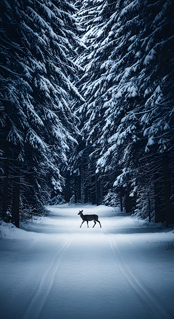 Deer Silhouette Snowy Pine Forest Path Winter Night - Free mobile Wallpaper