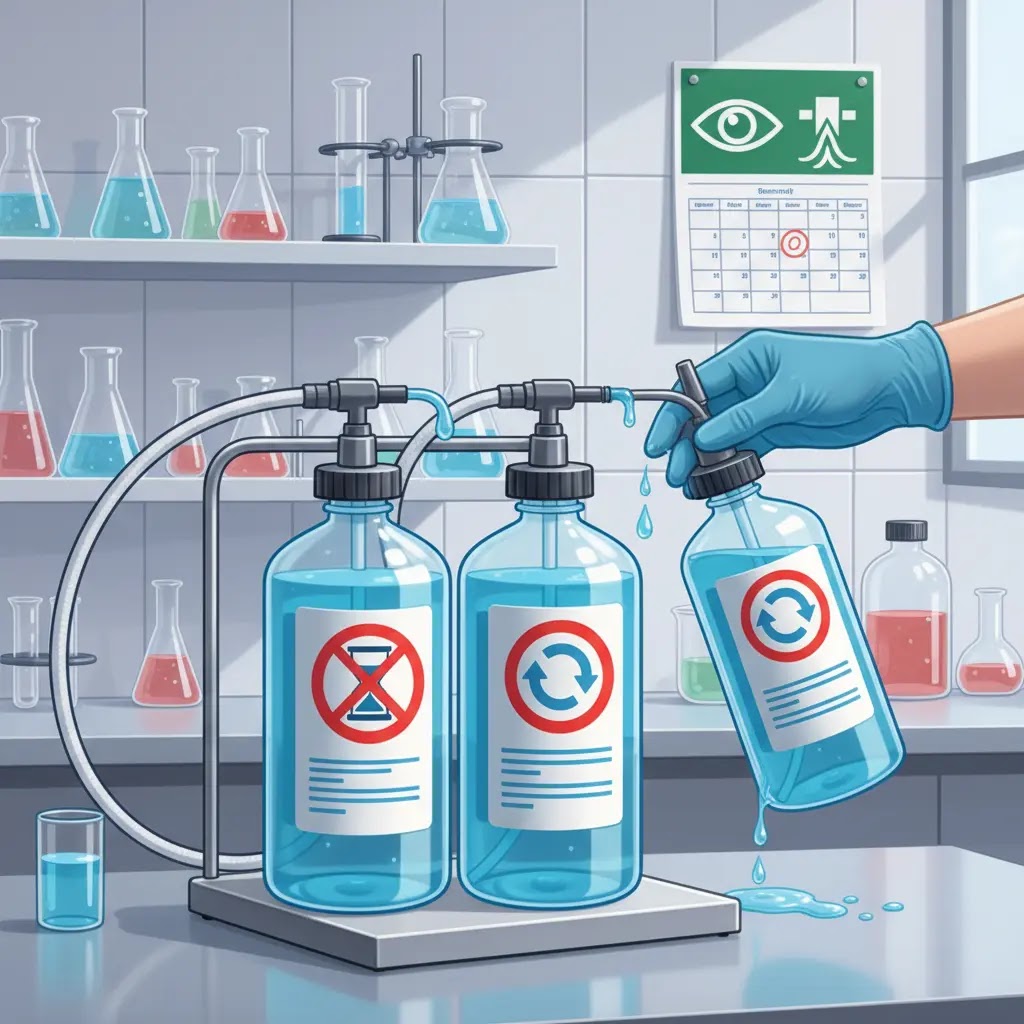 Masa kadaluarsa dan penggantian cairan eyewash laboratorium