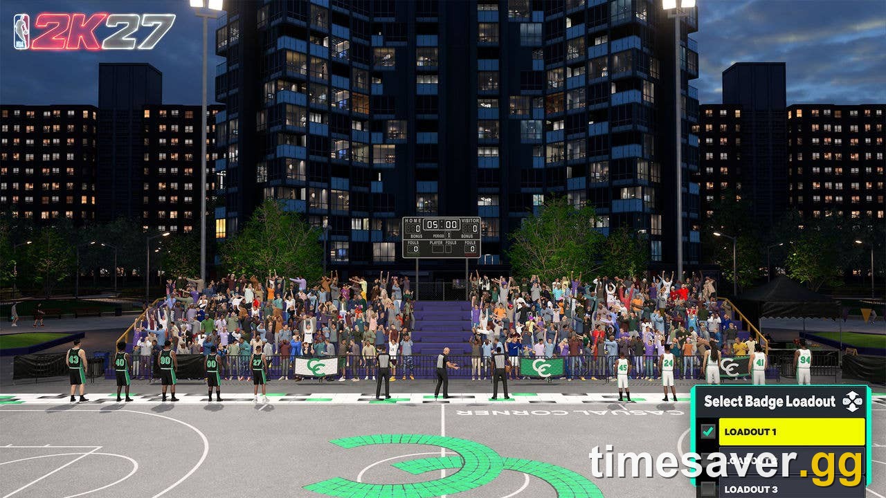 NBA 2K27's in-game 'Select Badge Loadout' panel on a City court, letting players swap between saved badge loadouts
