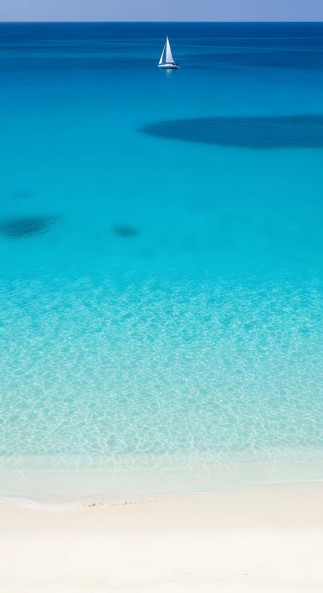 Minimalist Sailboat on Azure Blue Ocean Near White Sand Tropical Beach - Free 4K mobile Wallpaper