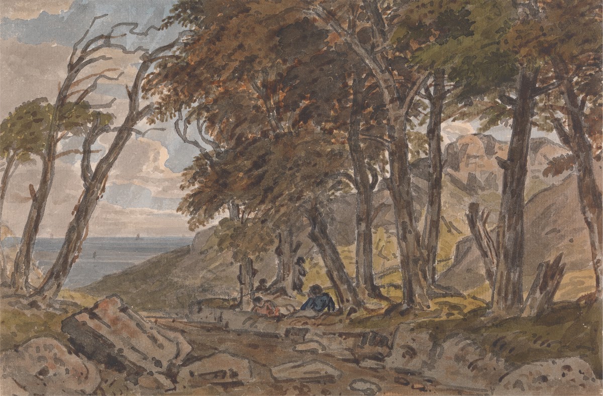 Figures on the Bank of a Wooded Lane with Sea in Distance Left