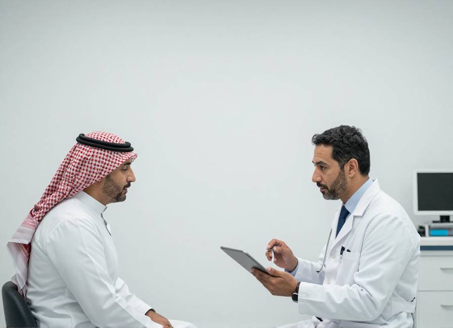 طبيب ورجل عربي يتحدثان عن نتائج الفحوصات في بيئة عيادة حديثة