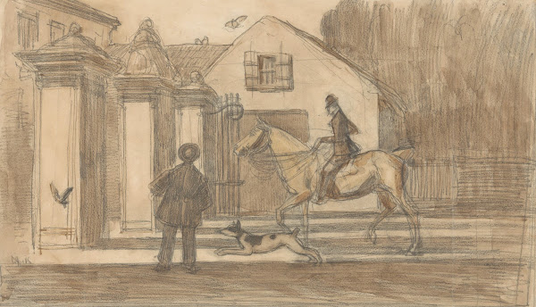 Het hek op de Scheveningse Weg te Den Haag een ruiter met hond passeren