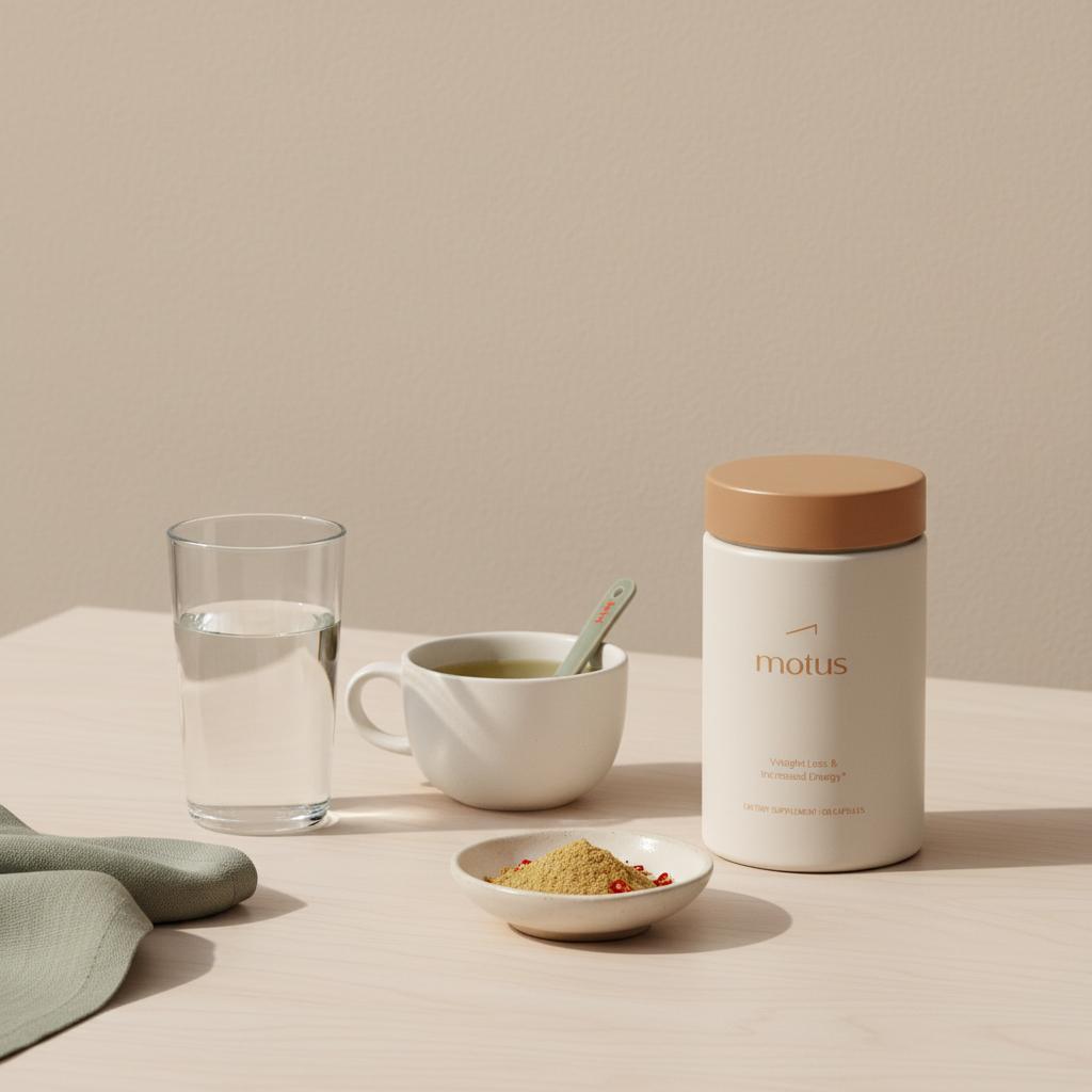 Motus container on a wooden table with green tea, a glass of water and a bowl of ginger and chili — drinks that boost your metabolism