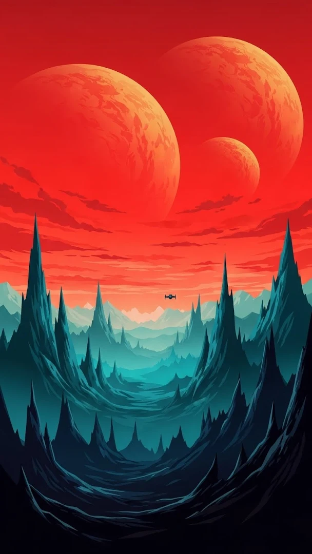Vibrant Red and Teal Futuristic Mars Landscape with Planets and a Small Spaceship
