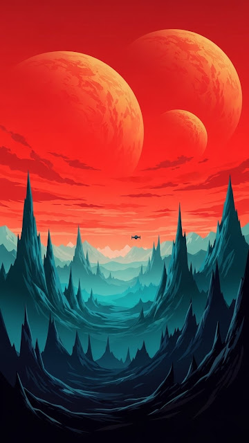 Vibrant Red and Teal Futuristic Mars Landscape with Planets and a Small Spaceship - Free mobile Wallpaper