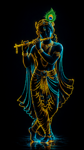Minimalist Neon Line Art of Lord Krishna with Flute