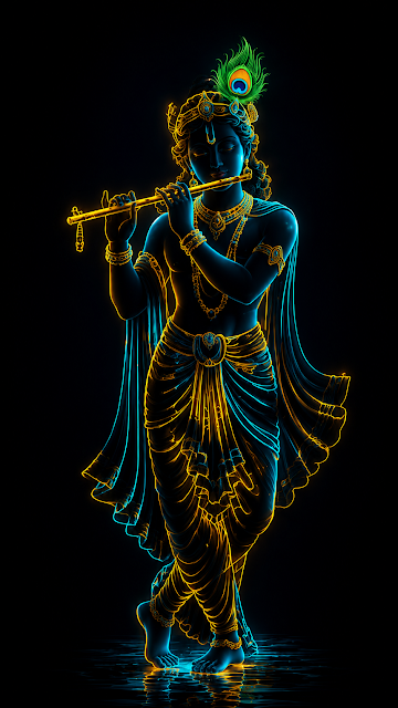 Minimalist Neon Line Art of Lord Krishna with Flute - Free mobile Wallpaper