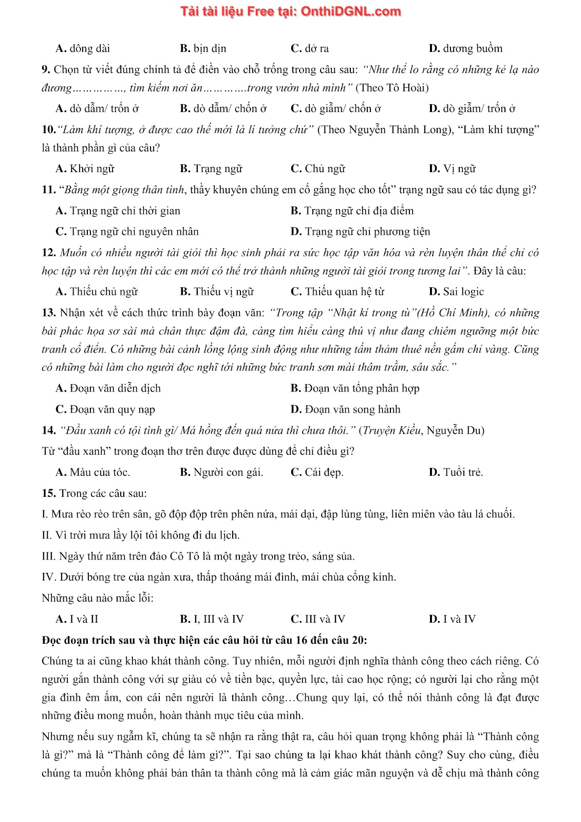 500 bài tập môn Ngữ Văn - Ôn thi ĐGNL ĐHQG TP HCM Phần 12