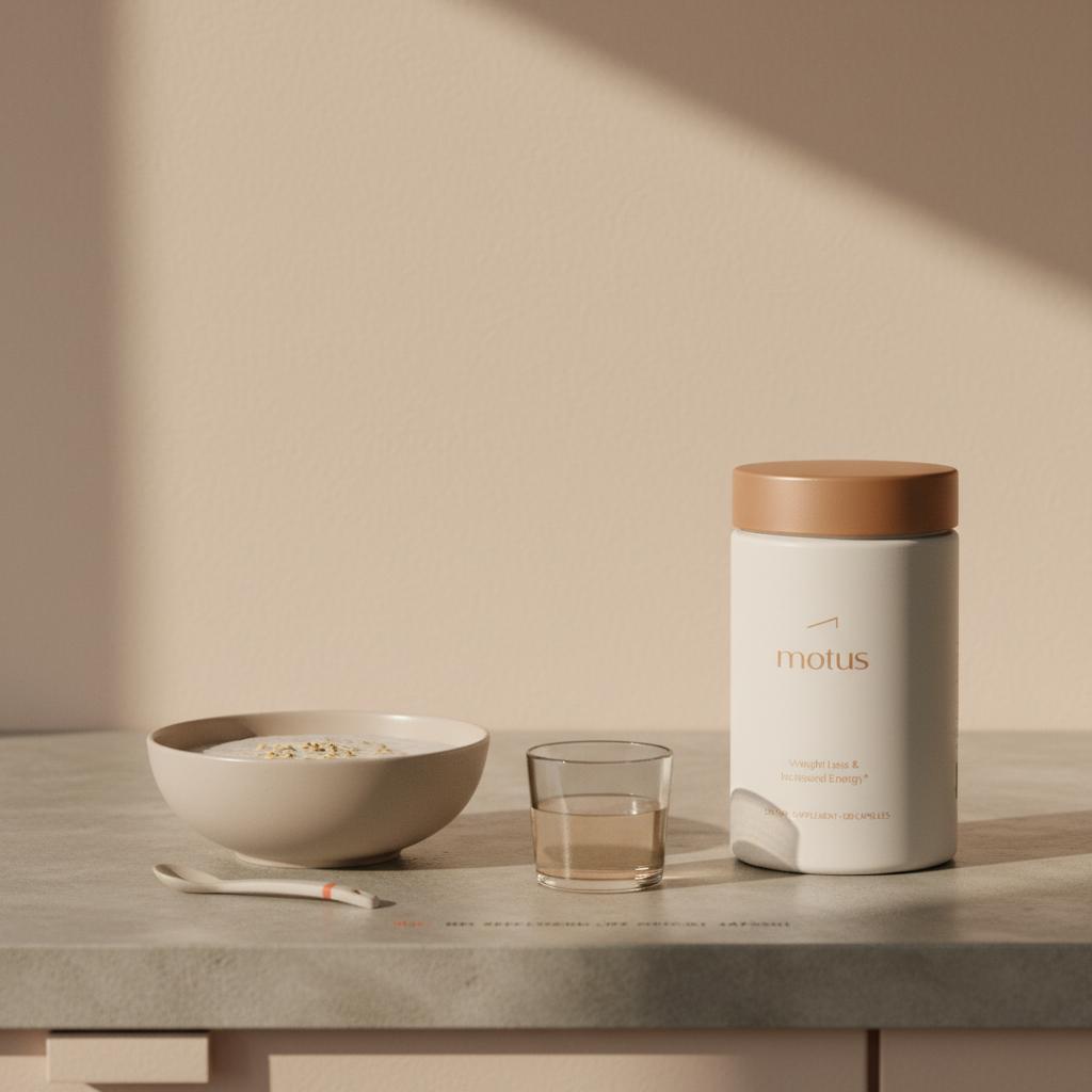 Minimalist kitchen counter with oatmeal bowl, 15 mL diluted apple cider vinegar glass and Tonum supplement jar placed tactfully — what can you take over the counter to lower your blood sugar
