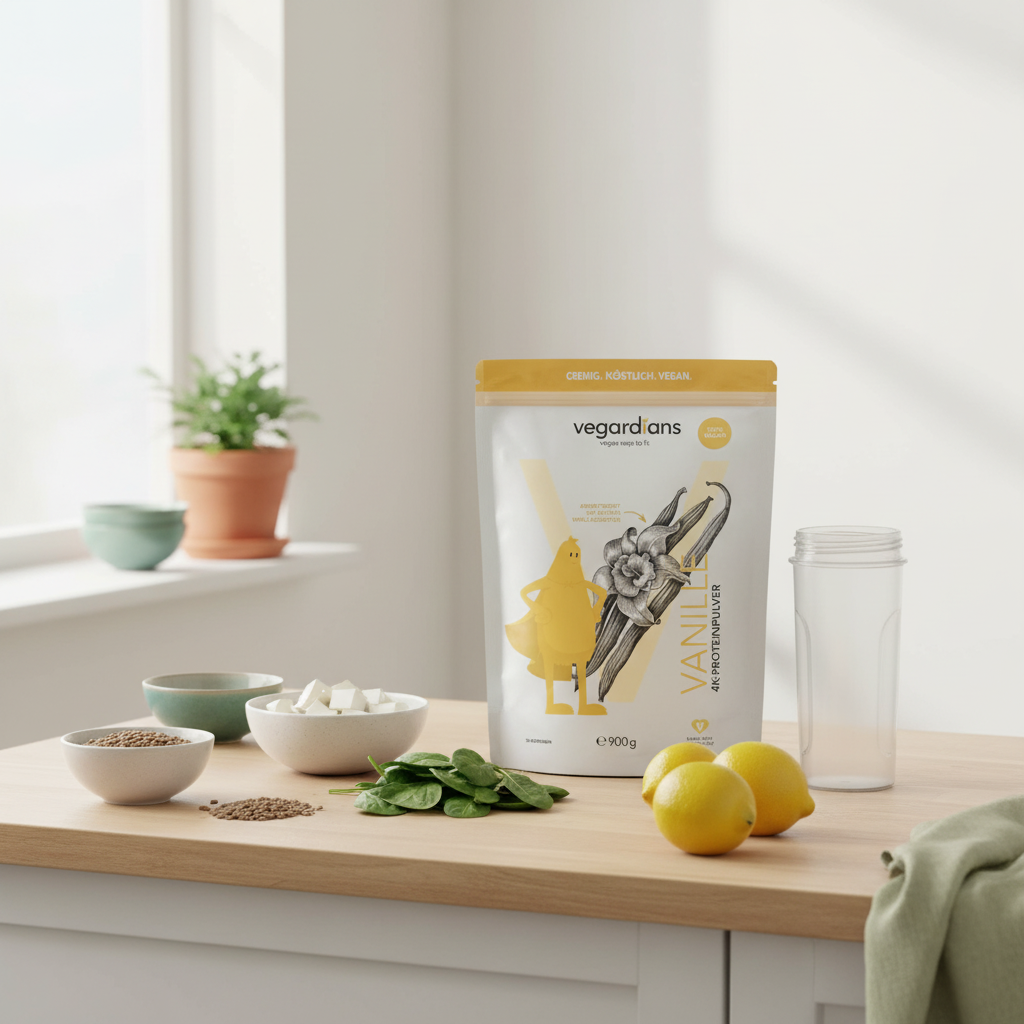 Minimalistische Heimküche mit Linsen, Tofu, Blattgemüse, Zitronen und Proteinshake auf Tresen – Welches Essen ist das beste zum Abnehmen?