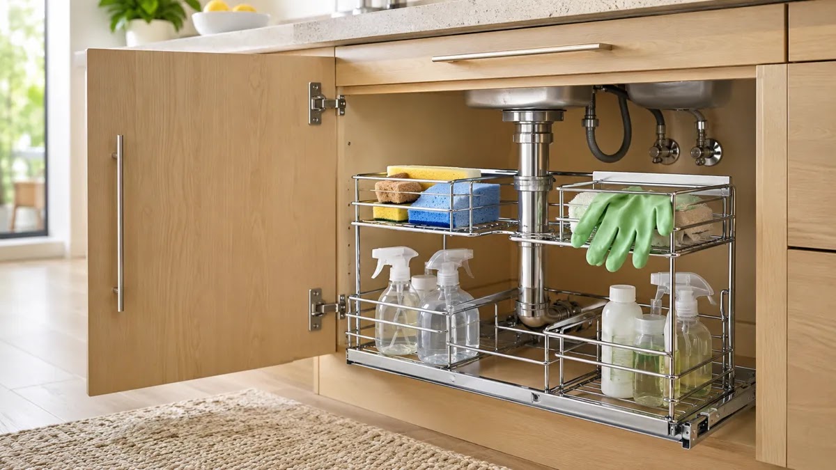 White steel expandable under sink rack with adjustable legs and two-tier shelf