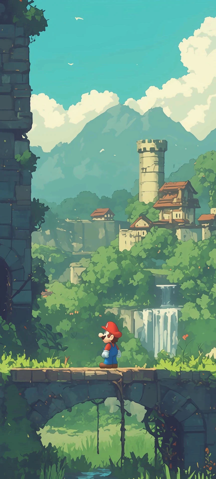 Mario Exploring Ancient Ruins in Lush Green Landscape - Free 4K mobile Wallpaper