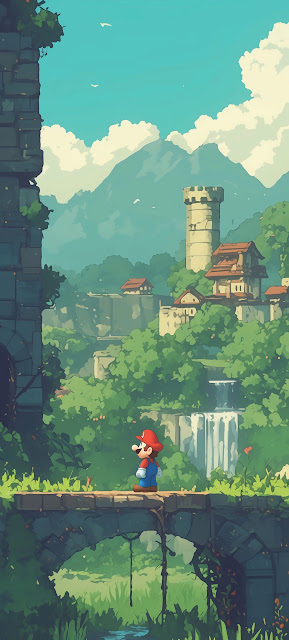 Mario Exploring Ancient Ruins in Lush Green Landscape - Free mobile Wallpaper
