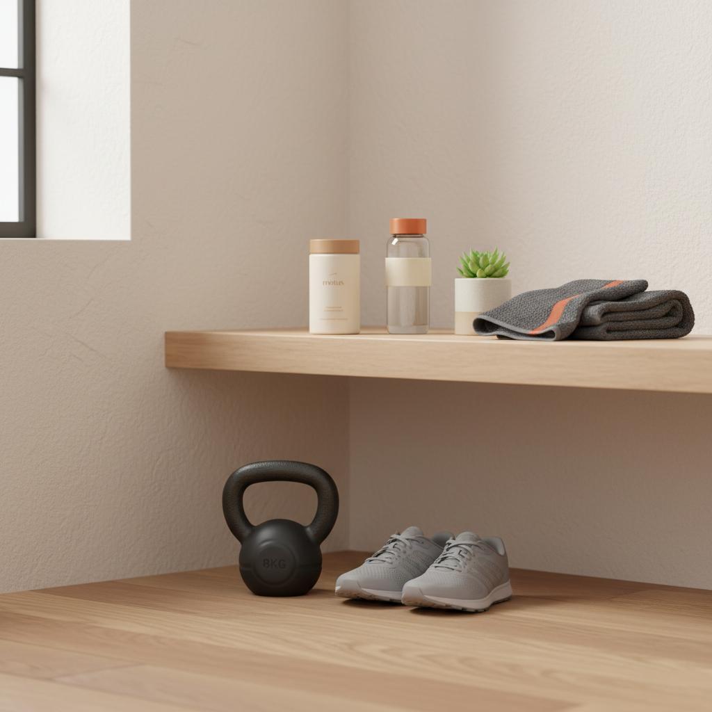 Tonum Motus container on a light wooden shelf in a tidy home gym corner with a kettlebell and folded towel, illustrating how to burn fat without losing muscle