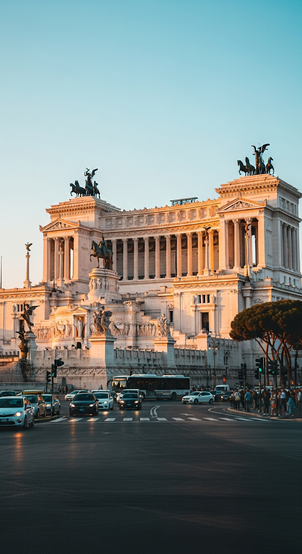 Vittoriano Monument in Rome at Sunset with Golden Light on the White Marble