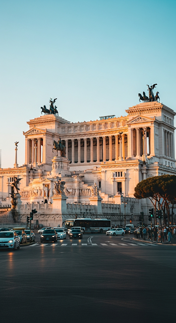 Vittoriano Monument in Rome at Sunset with Golden Light on the White Marble - Free mobile Wallpaper