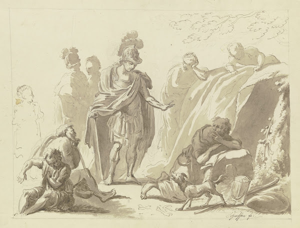 Alexander mit seinem Gefolge vor Diogenes
