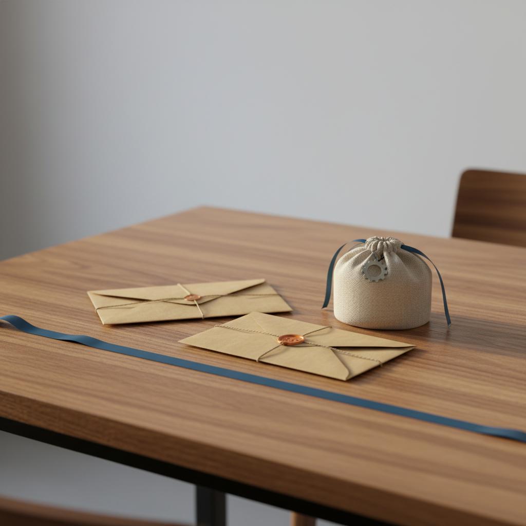 Nahaufnahme schlichter Esstisch mit liebevoll verpackten Geschenken (braune Umschläge, Leinenbeutel mit Metallanhänger), dezente Steelmonks-Akzente – Geld schenken standesamtliche Hochzeit
