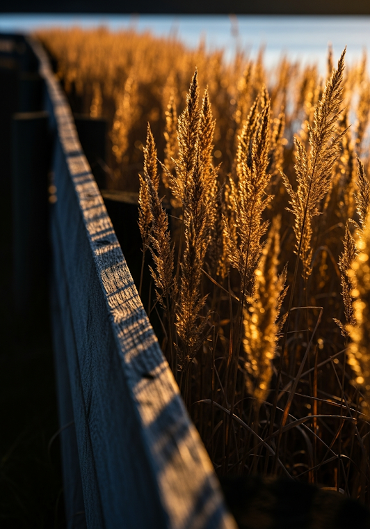 Golden Hour Grass and Weathered Fence Macro